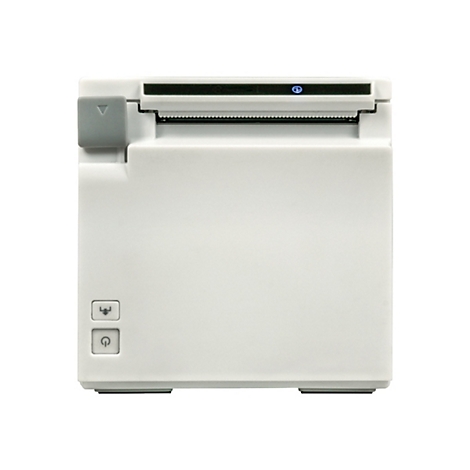 Weißer Thermodrucker; oben ein Papierauslass, vorne zwei Knöpfe, an der Seite ein grauer Knopf.
