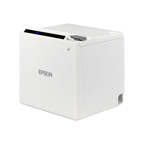 Weißer Epson-Thermodrucker, blaue LED, grauer Knopf, Logo. Seitlich, 3/4-Ansicht.
