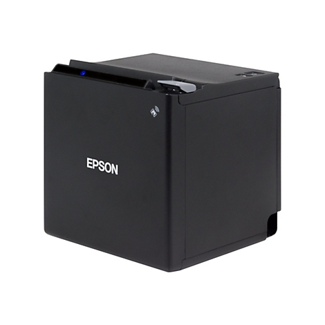 Schwarzer Epson Thermobondrucker vor weißem Hintergrund.