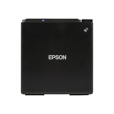 Schwarzer Epson-Belegdrucker in quadratischer Form vor weißem Hintergrund.