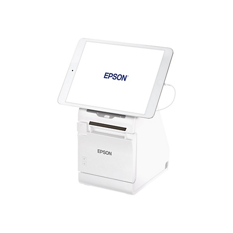 Weißes POS-System, bestehend aus Drucker und Tablet, beide mit Epson-Logo.