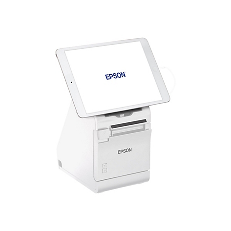 Eine weiße Epson-Thermodrucker mit einem weißen Tablet, das mit dem Epson-Logo beschriftet ist, vor weißem Hintergrund.