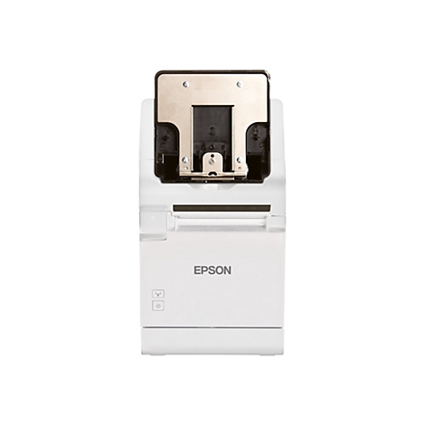 Weißer Drucker mit geöffnetem Deckel, darüber ist das EPSON-Logo zu sehen.