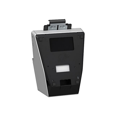 Ansicht von unten auf ein silber-schwarzes elektronisches Gerät. Ein Metallbügel ragt heraus, darunter befindet sich eine Aussparung.
