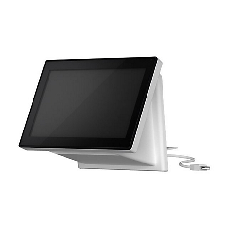 Weißes Touchscreen-Terminal auf weißem Sockel, schwarzer Bildschirm, USB-Kabel.