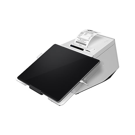 Kassenbon mit einem angeschlossenen Tablet. Beide Geräte sind weiß.