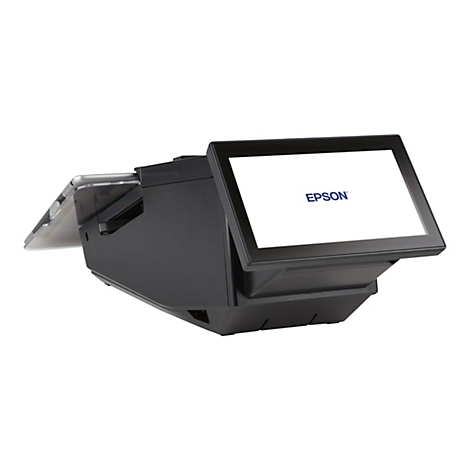 Schwarzes Epson Kassensystem mit Touchscreen-Display vor weißem Hintergrund.
