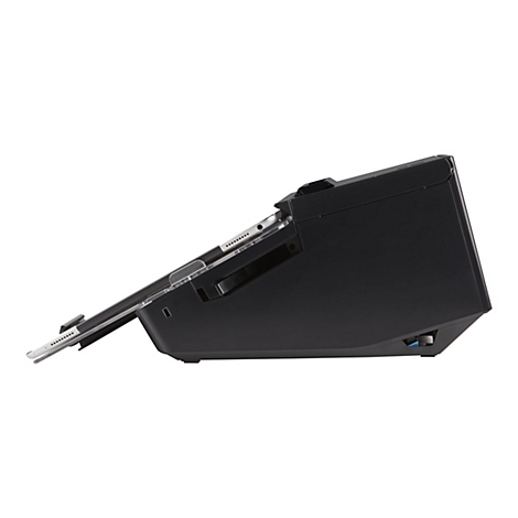 Seitenansicht eines schwarzen Dokumentenscanners mit einem eingelegten Tablet.