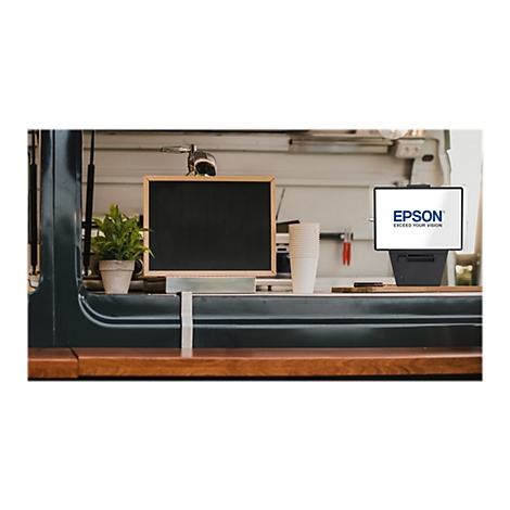 Theke mit Epson-Kassensystem, kleinem Schild, Pflanzen und Bechern. Epson-Logo auf dem Bildschirm.