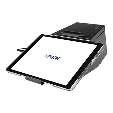 Schwarzes Tablet mit EPSON Logo, in Halterung. Stromanschluss und Gerät auf weißem Hintergrund.