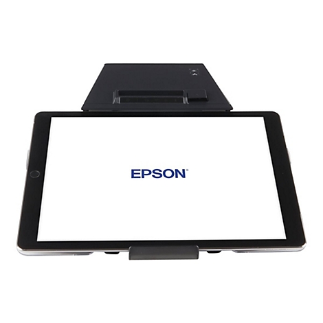 Schwarzes Tablet mit Epson Logo und Aufsatz. Auf weißem Hintergrund.