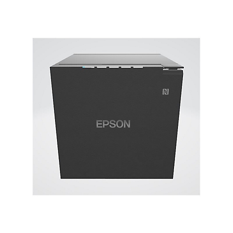 Dunkelgrauer Drucker. Auf der Front steht der Markenname EPSON. Oben rechts ein N-Symbol.
