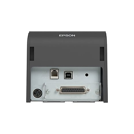 Rückseite eines Epson Druckers mit Anschlüssen für Kabel. Oben steht Epson.