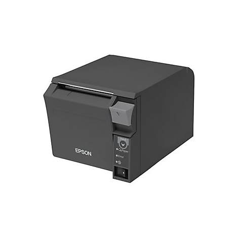 Dunkelgrauer Thermodrucker mit EPSON-Logo, Tasten und Papierauslass.