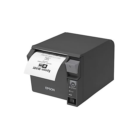 Grauer Thermodrucker mit einem Papierausdruck, der aus dem Gerät herausragt. Auf dem Ausdruck steht 'Epson'.