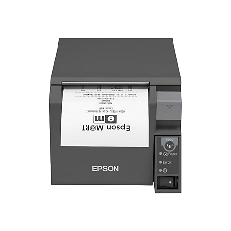 Drucker mit weißem Papierausdruck. Auf dem Papier ist Epson M@RT, der Firmenname und andere Details zu sehen. Der Drucker hat eine Feed-Taste, Papier- und Fehleranzeigen.