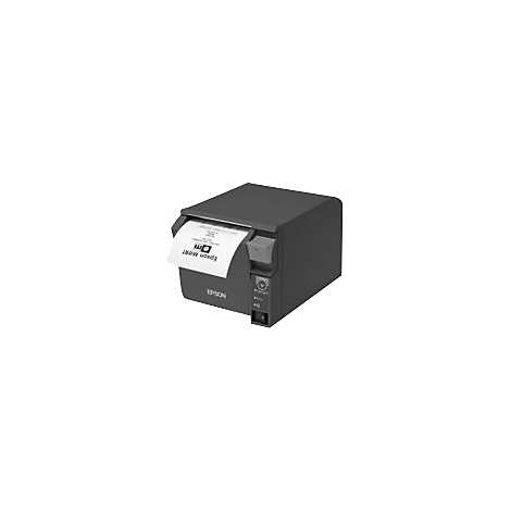 Schwarzer Thermodrucker mit ausgedrucktem Papier, Epson Schriftzug.