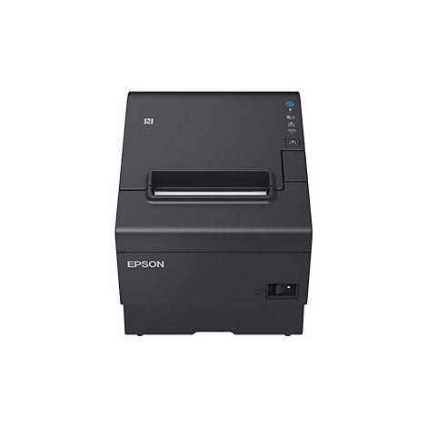 Schwarzer Epson-Belegdrucker in Frontansicht vor weißem Hintergrund.