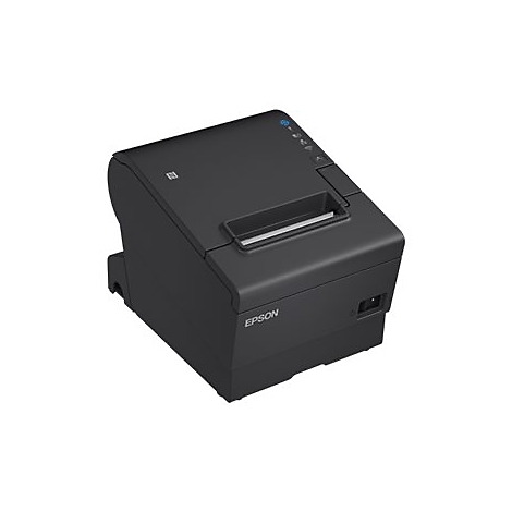 Schwarzer Bondrucker von Epson, Papierausgabeschlitz, blaues LED-Licht, weiße Oberfläche, Seitenansicht.