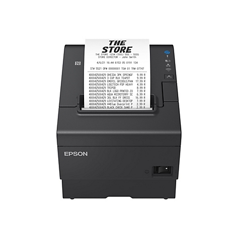 Ein Epson-Bon-Drucker druckt einen Kassenbon aus. Auf dem Bon stehen die Artikel und Preise. Der Drucker ist schwarz mit einem Epson-Logo.