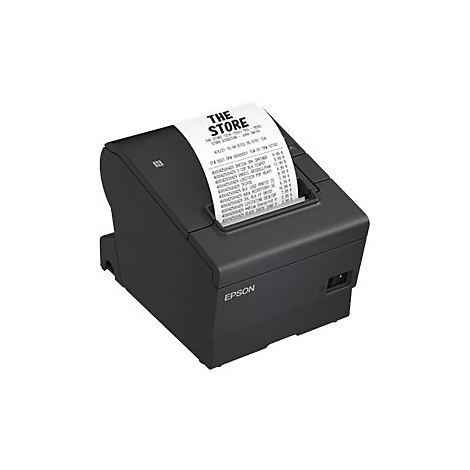 Schwarzer Epson-Bondrucker mit ausgegebenem Kassenbeleg auf neutralem Hintergrund.
