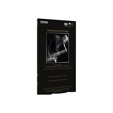 Epson Traditional Photo Paper Produktverpackung in Schwarz mit Foto eines Saxophonspielers.