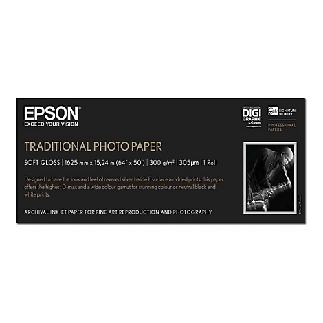 Epson Verpackung für Traditional Photo Paper, schwarz mit weißem Text, Spezifikationen und einem Schwarz-Weiß-Foto eines Saxophonisten.