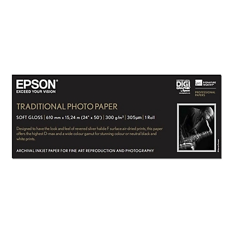 Epson Traditional Photo Paper Verpackungsetikett mit Produktdetails und einem schwarz-weiß Saxophonisten-Foto.