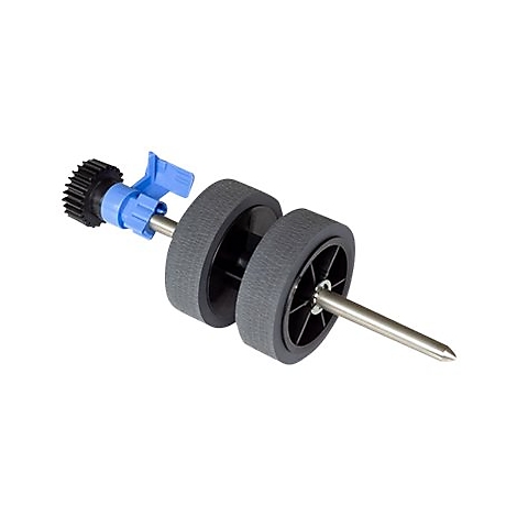 Detailaufnahme einer Druckerwalze mit Zahnrad, blauer Halterung und grauen Rollen auf weißem Hintergrund.