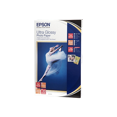 Epson Ultra Glossy Fotopapier Verpackung mit tanzender Ballerina auf dunkelblauem Hintergrund.