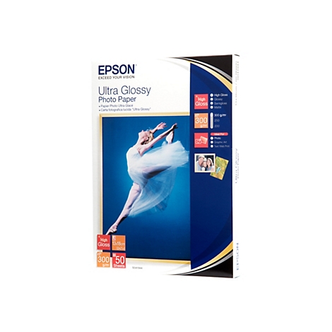 Epson Ultra Glossy Fotopapier Verpackung mit tanzender Ballerina vor blauem Hintergrund.