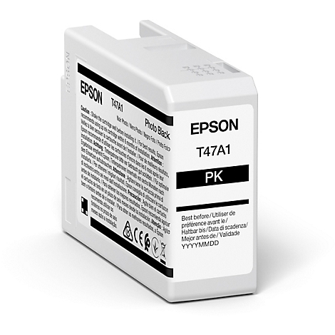 Eine weiße Epson-Tintenpatrone mit schwarzer Schrift, die eine Produktbezeichnung und Warnhinweise aufweist.