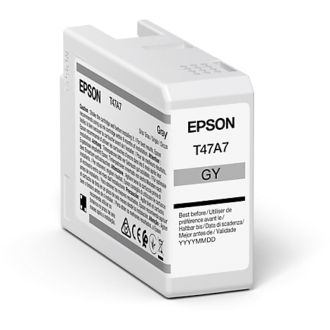 Graue Epson Druckerpatrone mit Aufdrucken. Aufschrift: 'T47A7 GY'. Haltbarkeitsdatum ist angegeben.
