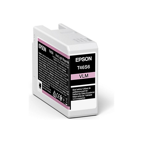 Une cartouche d'encre Epson blanche avec des impressions noires et roses. La cartouche indique : T46S6, Vivid Light Magenta et une date d'expiration.