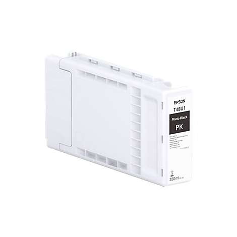 Cartouche d'encre blanche avec l'inscription "Epson T48U1 Photo Black PK" sur le devant. 350 ml est imprimé en bas.