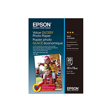 Epson Value Glossy Fotopapier Verpackung im Format 10x15cm mit Produktinformationen und Beispielfoto.