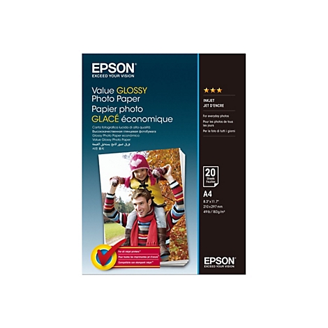 Epson Value Glossy Fotopapier Verpackung mit glänzendem Finish, A4-Format, 20 Blatt für Tintenstrahldrucker.