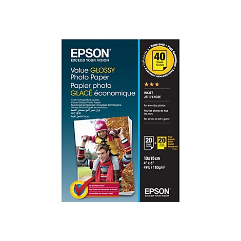 Epson Value Glossy Fotopapier Verpackung mit 40 Blatt im Format 10x15 cm und einem Foto von Vater und Kind.