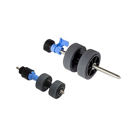 Zwei Druckerwalzen, die auf weißem Hintergrund schweben. Die Walzen haben schwarze und graue Elemente.