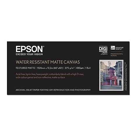 Epson Verpackungsetikett für wasserfeste, matte Leinwand mit Produktinfos und Moulin Rouge Bild.