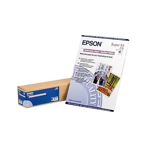 Epson Super A3 Aquarellpapier in einer weißen Verpackung neben einem braunen Versandkarton vor weißem Hintergrund.