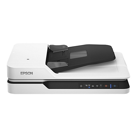 Scanner Ã  plat Epson blanc et noir, couvercle ouvert. Boutons de commande.