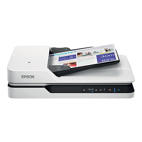 Un scanner Epson blanc avec une feuille de papier avec du texte sur le lit de numÃ©risation. Le papier est Ã  moitiÃ© ouvert.