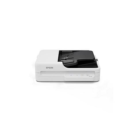 Ein weißer Scanner Epson DS-1730, Ansicht von oben. Auf dem Gerät befindet sich eine schwarze Klappe, die geöffnet werden kann. Oben links ist das Epson-Logo zu sehen.