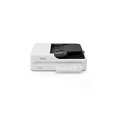 Un scanner Epson DS-1760WN blanc sur fond blanc. Au-dessus, le bac d'entrée, en dessous, un panneau de commande.