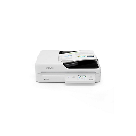 Scanner Epson blanc avec une page imprimée. Un petit écran est visible sur le panneau de commande.