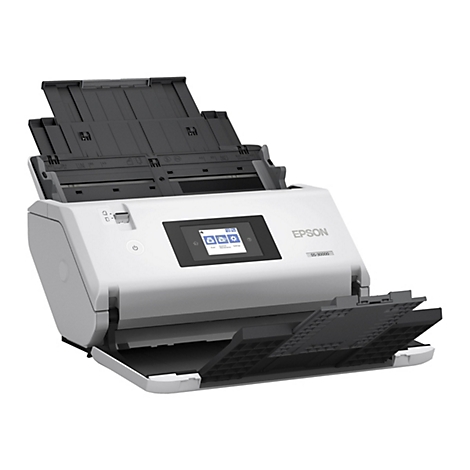 Ein weißer Epson DS-30000 Scanner mit geöffneten Papierablagen. Auf dem Display werden Optionen wie Scannen und Einstellungen angezeigt.