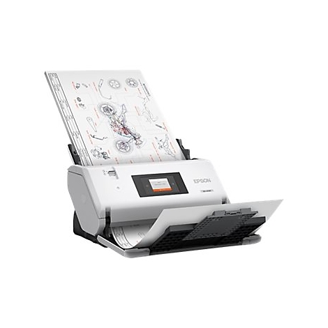 Ein weißer Epson-Scanner, der ein technisches Dokument einscannt. Auf dem Display ist eine Meldung zu sehen.