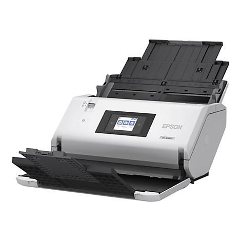Ein weiß-grauer Epson-Dokumentenscanner, Modell DS-30000. Der Scanner hat drei geöffnete Papierschalen und ein kleines Bedienfeld mit einem Bildschirm.