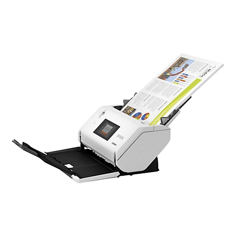 Ein weißer Epson-Dokumentenscanner mit eingelegtem Papier. Das Papier ist mit Diagrammen und Text bedruckt.
